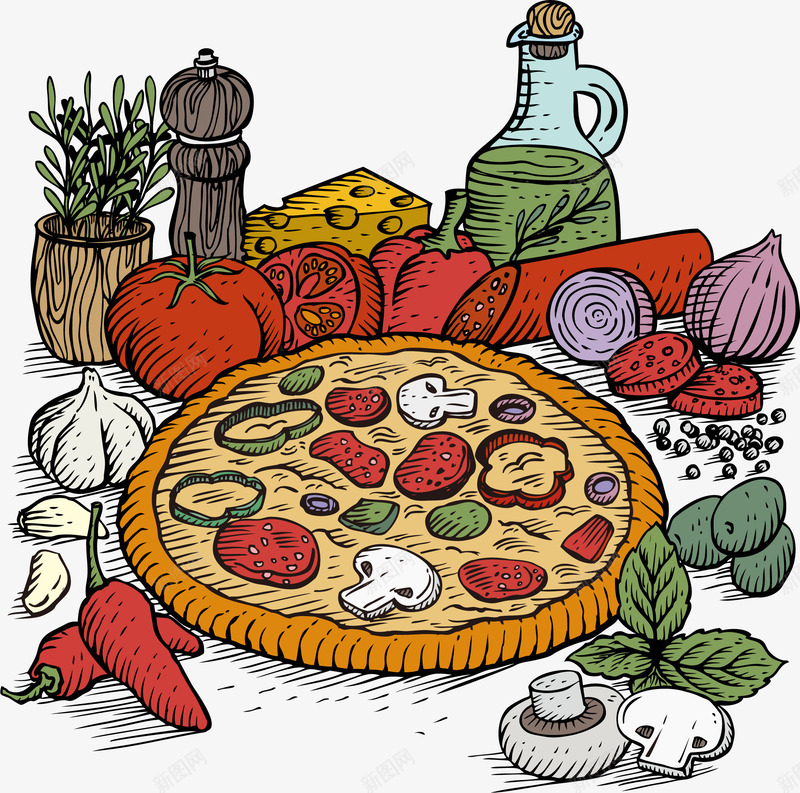 手绘披萨蔬菜材料图案png免抠素材_新图网 https://ixintu.com 图案 手绘 披萨 材料 蔬菜