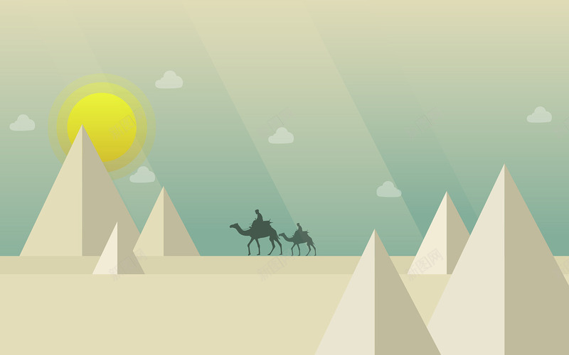沙漠里的骆驼矢量图ai免抠素材_新图网 https://ixintu.com 日出 沙漠 矢量素材 自然景观 骆驼 矢量图
