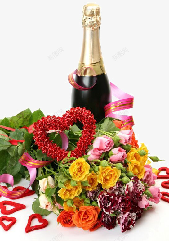一瓶红酒和鲜花图案png免抠素材_新图网 https://ixintu.com 爱心红花 粉色的彩带 粉色的玫瑰 红酒 黄色的玫瑰