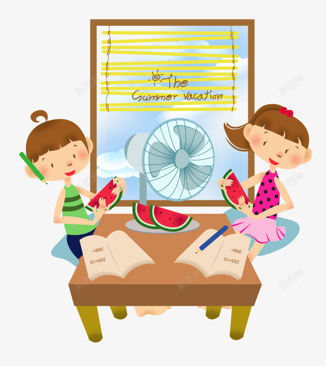 儿童暑假png免抠素材_新图网 https://ixintu.com 儿童 卡通 女孩 学习 暑假 玩耍 电风扇 男孩 西瓜