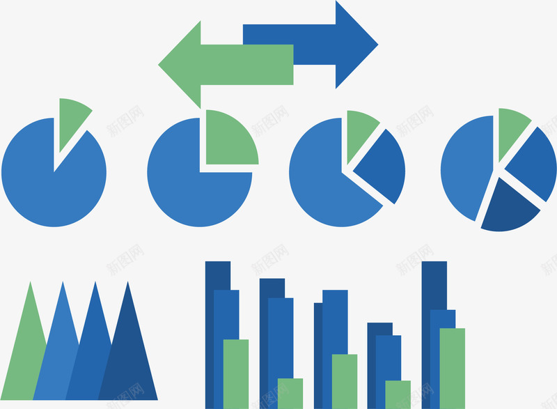 扁平蓝色数据图表矢量图eps免抠素材_新图网 https://ixintu.com 信息 对比箭头 柱形图 矢量素材 绿色 蓝色 面积图 饼图 矢量图