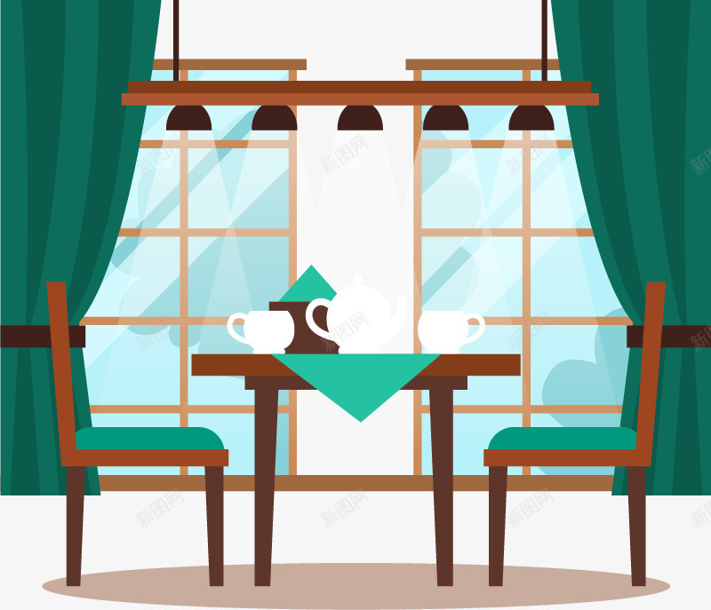 整洁餐厅png免抠素材_新图网 https://ixintu.com 窗帘 茶具 落地窗 餐厅 餐桌 餐椅 餐饮 餐馆