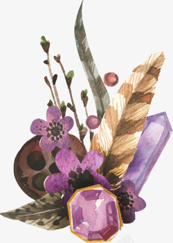 水彩紫水晶羽毛花卉装饰矢量图素材