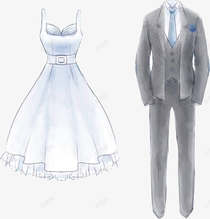 彩绘婚纱和灰色礼服png免抠素材_新图网 https://ixintu.com AI格式 婚礼 婚纱 婚纱礼服 彩绘 水彩 礼服