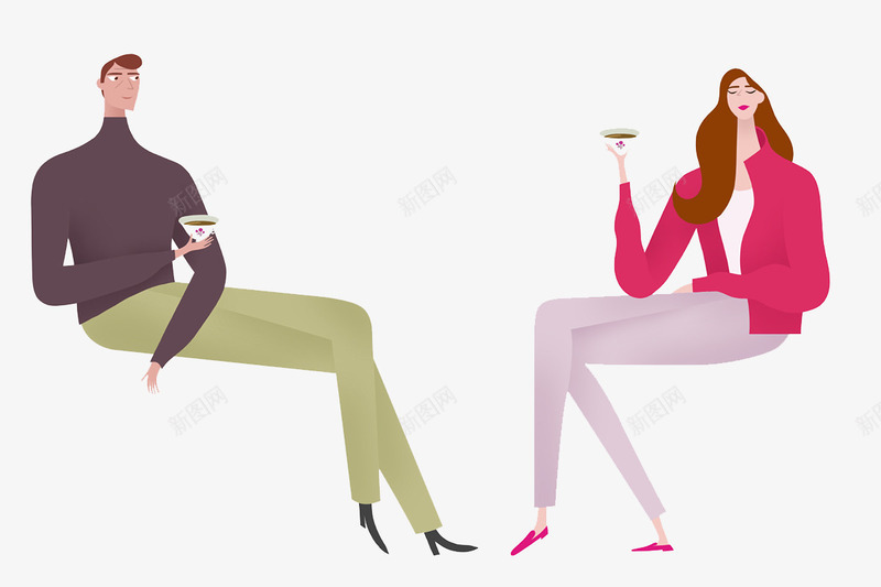 一起喝咖啡的男女人png免抠素材_新图网 https://ixintu.com 创意设计 卡片封面 手绘插画