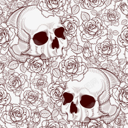 玫瑰和骷髅红色玫瑰线条里的骷髅头矢量图高清图片