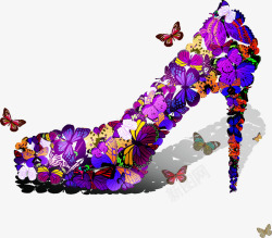 紫色蝴蝶花朵高跟鞋素材