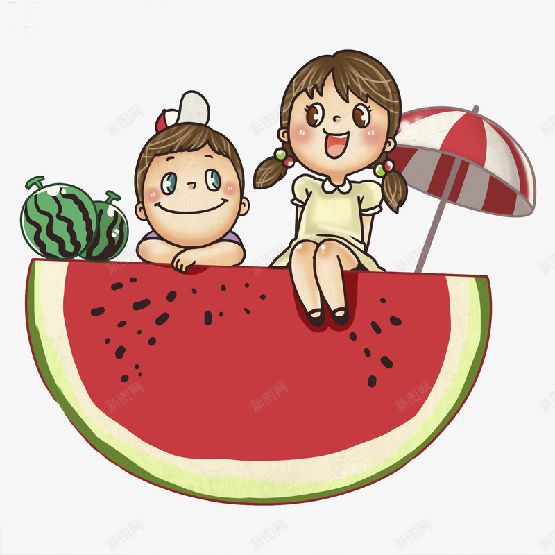 吃西瓜的孩子png免抠素材_新图网 https://ixintu.com 卡通 可爱的 小孩 手绘 红色的 西瓜 遮阳伞