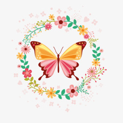 美丽蝴蝶和花环卡片矢量图素材