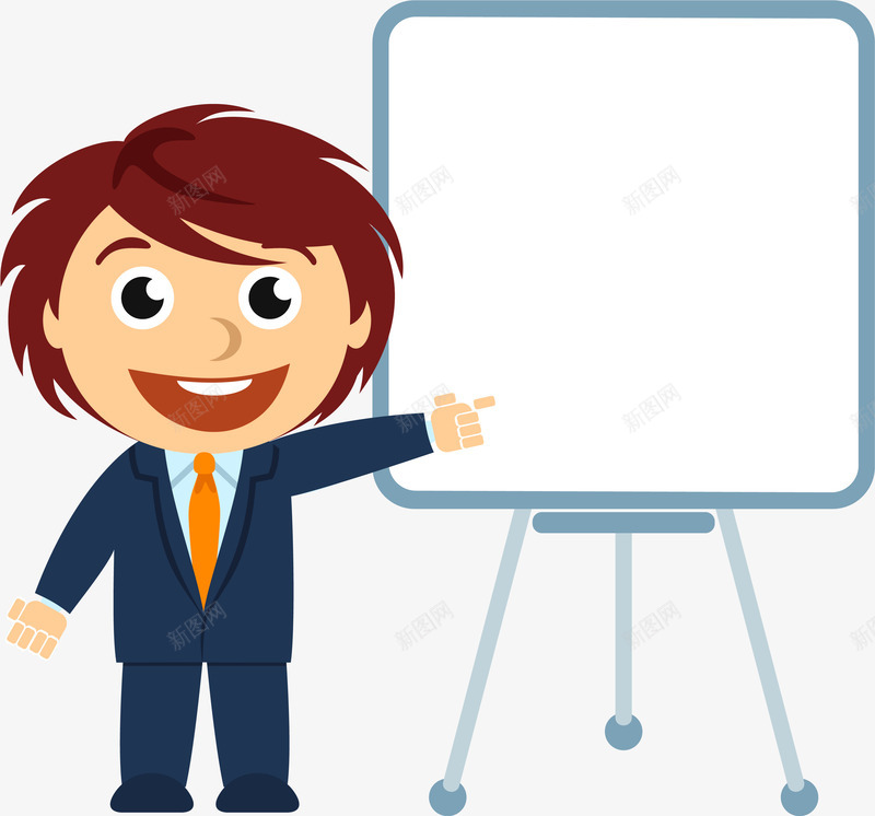 讲课的教师png免抠素材_新图网 https://ixintu.com 卡通 棕色 橘色 蓝色 西装 讲课 领带 黑板