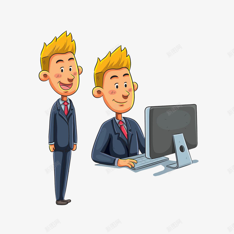 卡通电脑前坐着的男子和站着的男png免抠素材_新图网 https://ixintu.com 卡通电脑前坐着的男子和站着的男子素材免费下载 电脑前的人 站着的男子 西装男子 金色头发