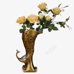 孔雀花瓶黄玫瑰素材