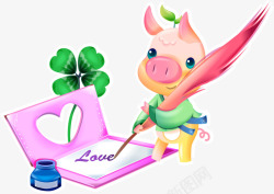 墨西哥羽毛草写字的卡通猪高清图片