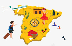 娱乐宣传西班牙游客地图卡通版高清图片