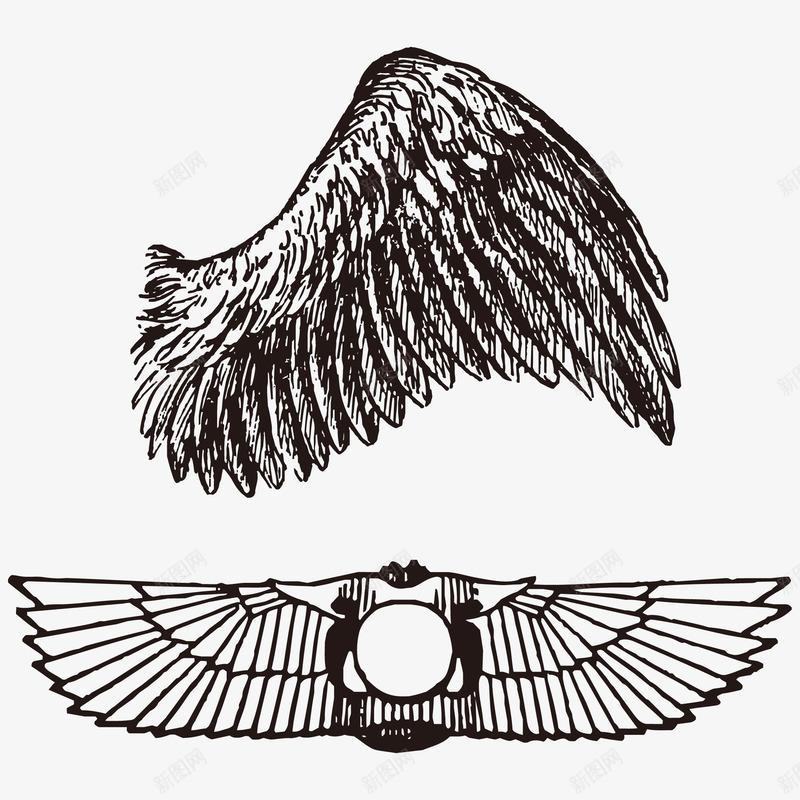 翅膀的黑白图像png免抠素材_新图网 https://ixintu.com 图像 手绘 矢量翅膀 羽毛 黑白