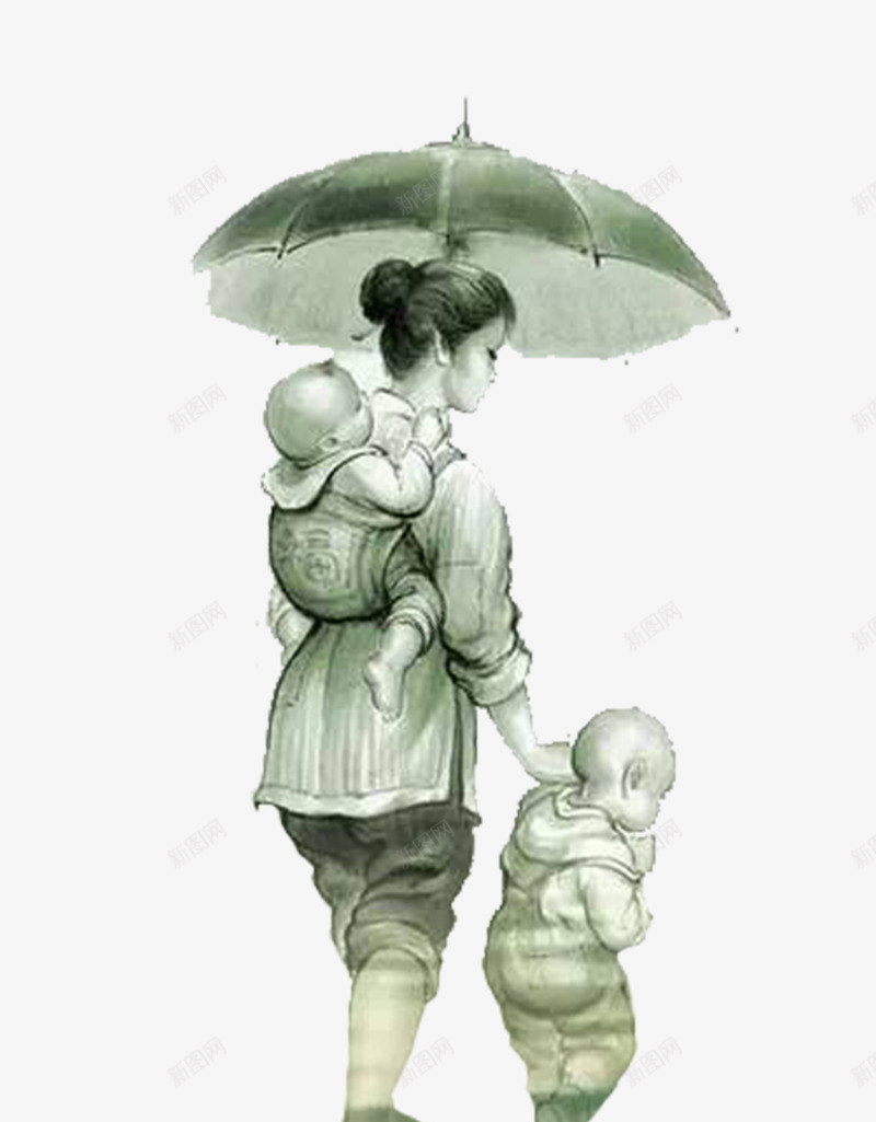 古风水墨背孩子的妈妈背影png免抠素材_新图网 https://ixintu.com 中国风 妈妈背影 宣传 母亲 母爱 水墨风 海报 背着孩子 雨中 雨伞