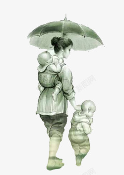 背孩子背景古风水墨背孩子的妈妈背影高清图片