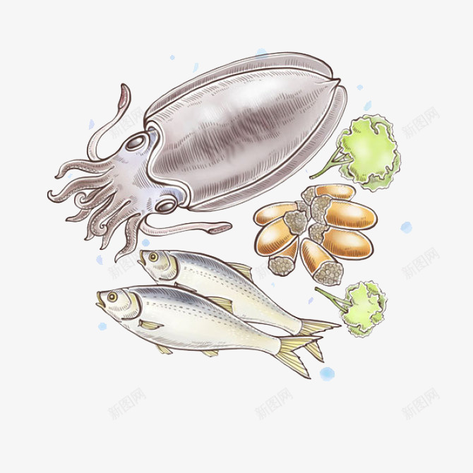 大章鱼丰盛的海鲜餐png免抠素材_新图网 https://ixintu.com 丰盛 卡通 大章鱼 手绘 海鲜 海鲜餐 西蓝花 鱼类