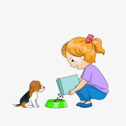 绿色的东西卡通给小狗倒狗粮吃的女孩高清图片