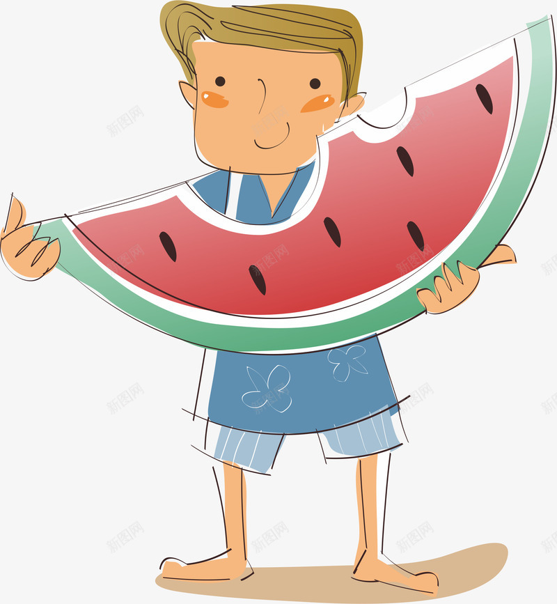 吃西瓜的男孩png免抠素材_新图网 https://ixintu.com 卡通人物 吃东西的人 夏天 清凉 西瓜