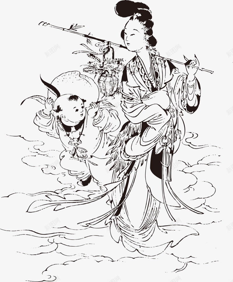 仕女画线条矢量图ai免抠素材_新图网 https://ixintu.com 中国风绘画 仕女画 卡通手绘古人 古代仕女图 古风 女性手绘线条 矢量图 绘画