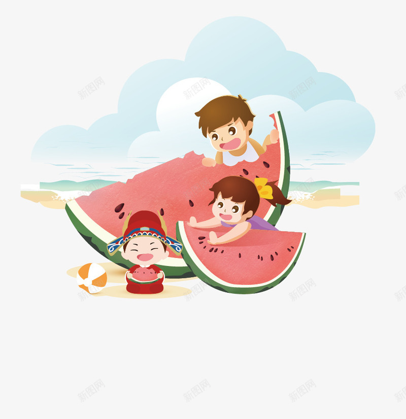 吃西瓜png免抠素材_新图网 https://ixintu.com 儿童 卡通 夏天 夏日 水彩 沙滩 背景 西瓜