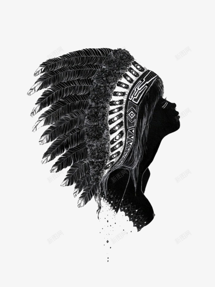 创意人物png免抠素材_新图网 https://ixintu.com 创意 剪影 印第安人 印第安人剪影 女孩 插画 羽毛帽子 花纹