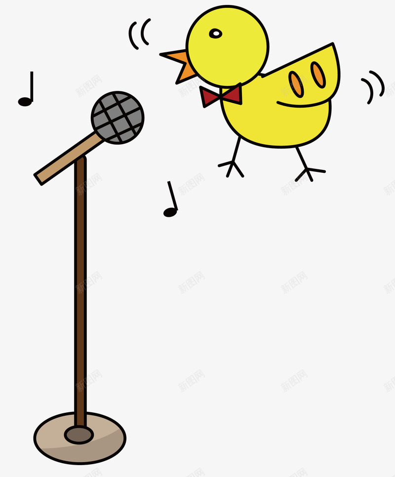 唱歌的小鸟png免抠素材_新图网 https://ixintu.com 卡通 卡通动物 小鸟 红色领结 话筒 音乐 黄色羽毛