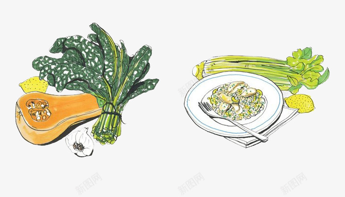 蔬菜与食物png免抠素材_新图网 https://ixintu.com 南瓜 卡通 大蒜 插画 柠檬 盘子 绘画 菠菜 蔬菜 西芹 食物