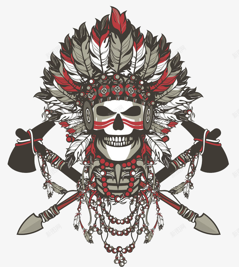 印第安骷髅T恤印花png免抠素材_新图网 https://ixintu.com 可怕的 羽毛 骷髅头