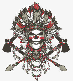 可怕的骷髅印第安骷髅T恤印花高清图片