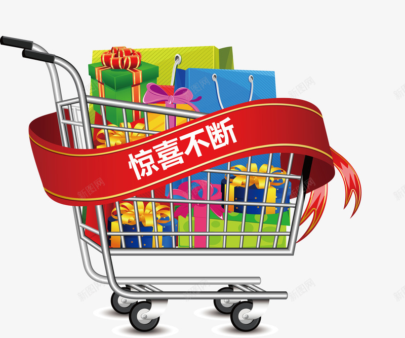 超市活动促销购物车png免抠素材_新图网 https://ixintu.com 惊喜 活动 购物车 超市