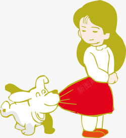 玫红色裙子可爱插图小狗咬住女孩裙子高清图片