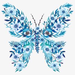 手绘蓝色的植物蝴蝶图素材