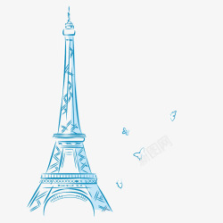 梦幻巴黎手绘蓝色线条铁塔装饰高清图片