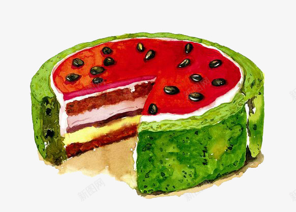 水彩蛋糕png免抠素材_新图网 https://ixintu.com 千层蛋糕 卡通 手绘 水彩 蛋糕 装饰 西瓜