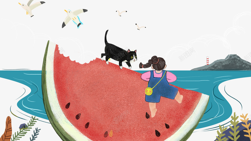 卡通手绘在西瓜上玩耍的女孩psd免抠素材_新图网 https://ixintu.com 上玩耍的女孩 免抠卡通手绘在西瓜上玩耍的女孩和猫咪免费下载 卡通 和猫咪 在西瓜 手绘 植物装饰 黑色的猫