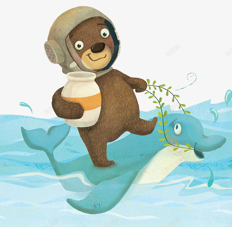 骑着海豚的小棕熊psd免抠素材_新图网 https://ixintu.com 创意设计 卡片封面 手绘插画