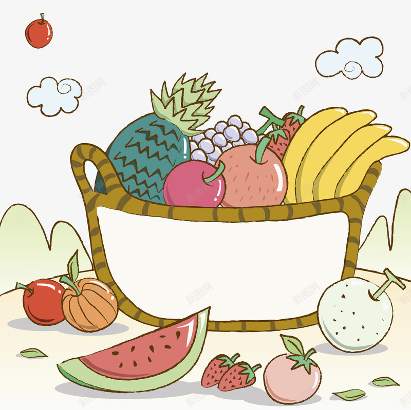 水果篮里的水果png免抠素材_新图网 https://ixintu.com 卡通 商务 封面 彩色 手绘 插图 水果篮 苹果 菠萝 西瓜 香蕉