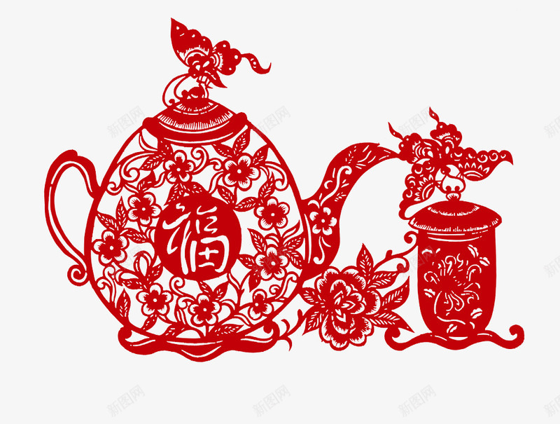 红色茶具剪纸png免抠素材_新图网 https://ixintu.com 剪纸 红色 茶壶 茶杯 蝴蝶