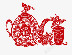 红色的茶壶红色茶具剪纸高清图片