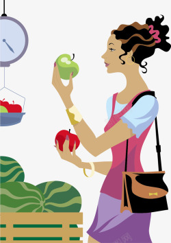 卷发的美女水果店买苹果的女孩卡通插画高清图片