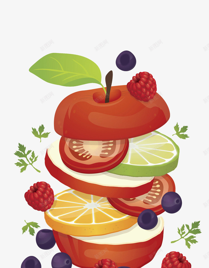 番茄夹心的苹果png免抠素材_新图网 https://ixintu.com 健康 创意 卡通 商务 彩色 手绘 苹果 蓝莓 西红柿