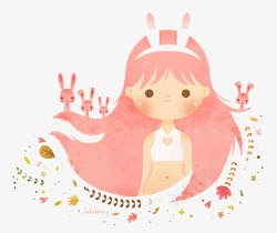 兔耳朵发圈手绘兔耳朵粉发女孩高清图片