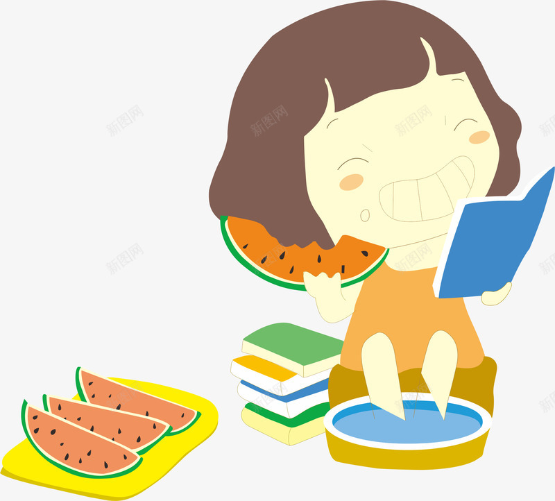 吃西瓜的女孩png免抠素材_新图网 https://ixintu.com 卡通 卡通人物 吃东西的人 吃西瓜 女孩 读书