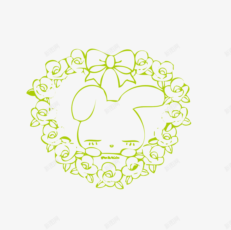 花朵花环中的简笔小兔子png免抠素材_新图网 https://ixintu.com 动物 卡通 可爱的 小兔子 简笔 线条 花朵 蝴蝶结