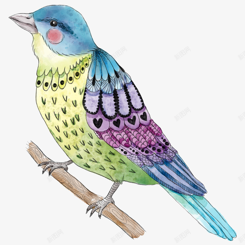 站在树枝上的小鸟png免抠素材_新图网 https://ixintu.com 可爱的 彩绘 水墨 爱心图案 站着 紫色羽毛 翅膀