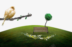 金色椅广告创意球形草坪树枝金色高清图片