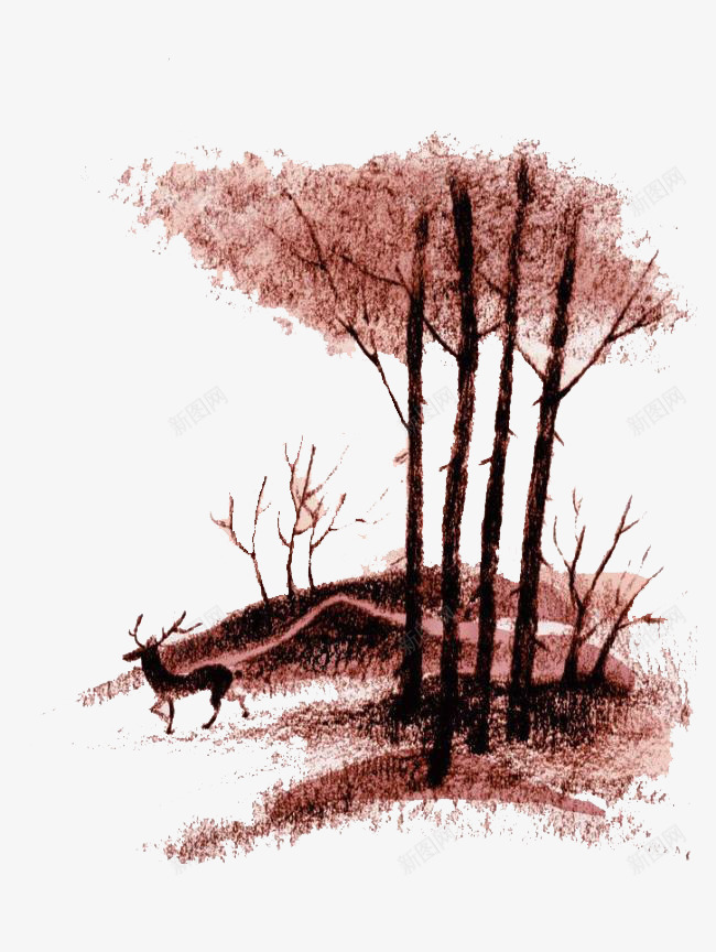 手绘复古风麋鹿森林png免抠素材_新图网 https://ixintu.com 复古风 手绘 森林 麋鹿