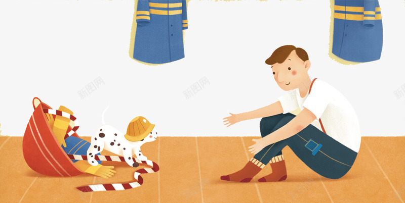 跟狗狗玩耍的消防psd免抠素材_新图网 https://ixintu.com 创意设计 卡片封面 手绘插画